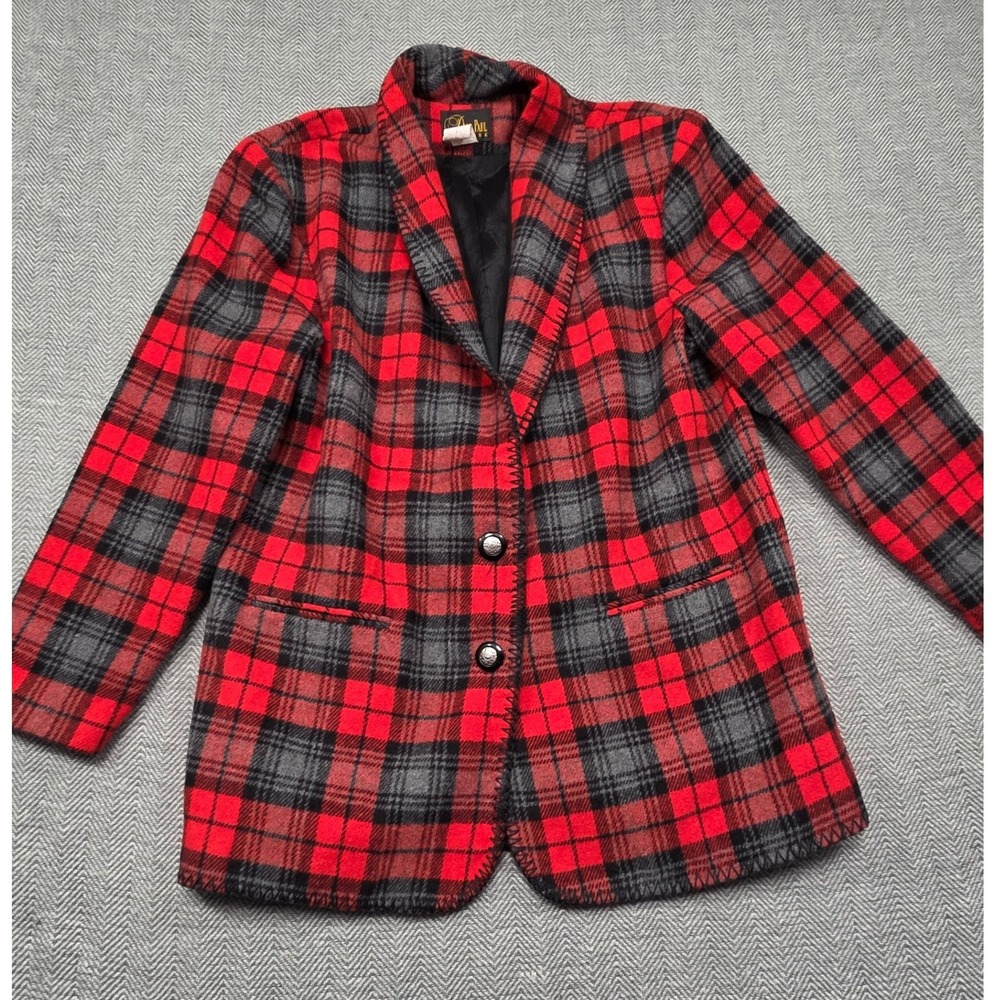 Vintage David Paul New York Red Grey Plaid Wool Blend Blazer Jacket Medium USA